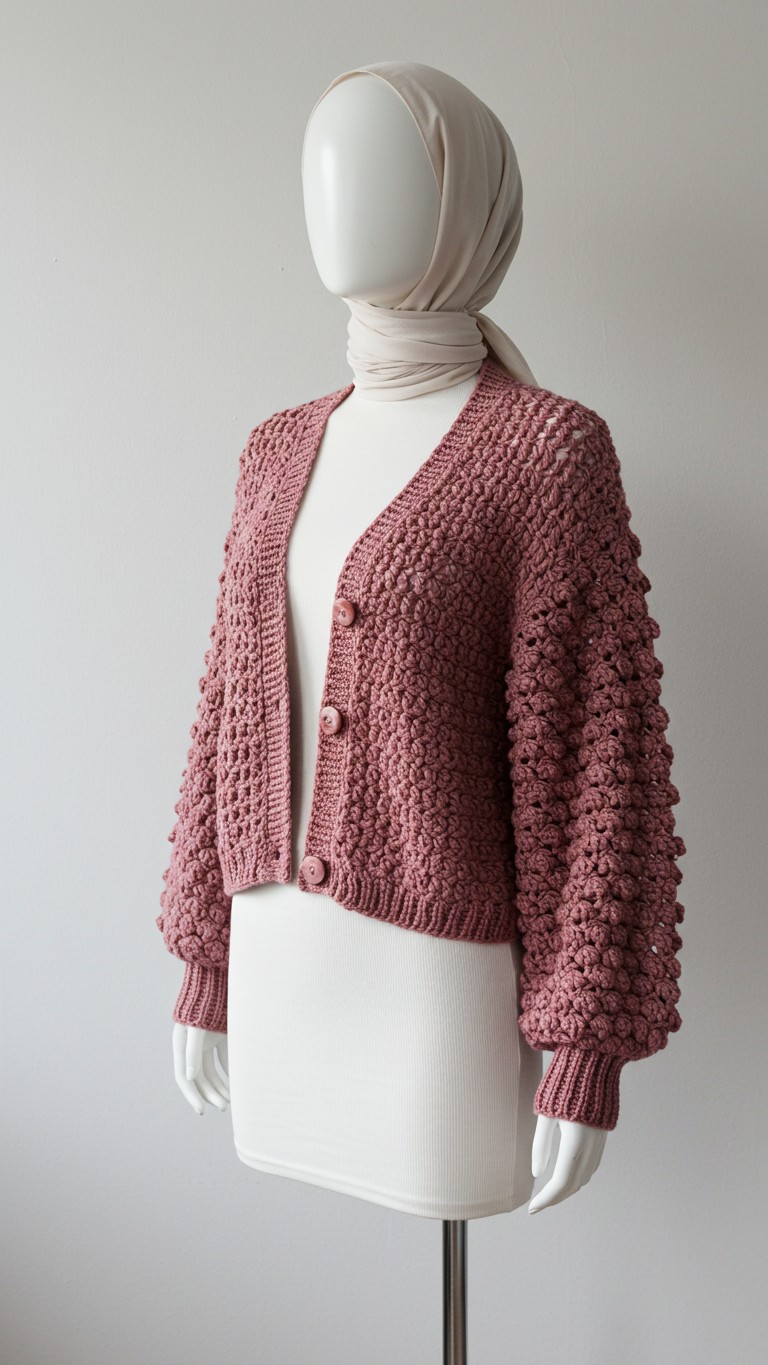 A mannequin wearing a dusty rose crochet cardigan. The cardigan features a V-neck, balloon sleeves, and a prominent bobble stitch texture all over.