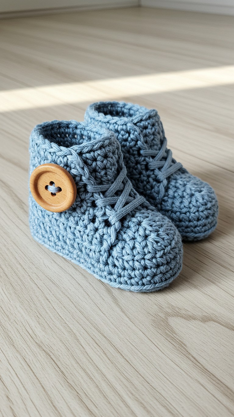 A pair of dusty blue crocheted high-top baby booties with laces and a large natural wood button on the side, sitting on a light wood floor.