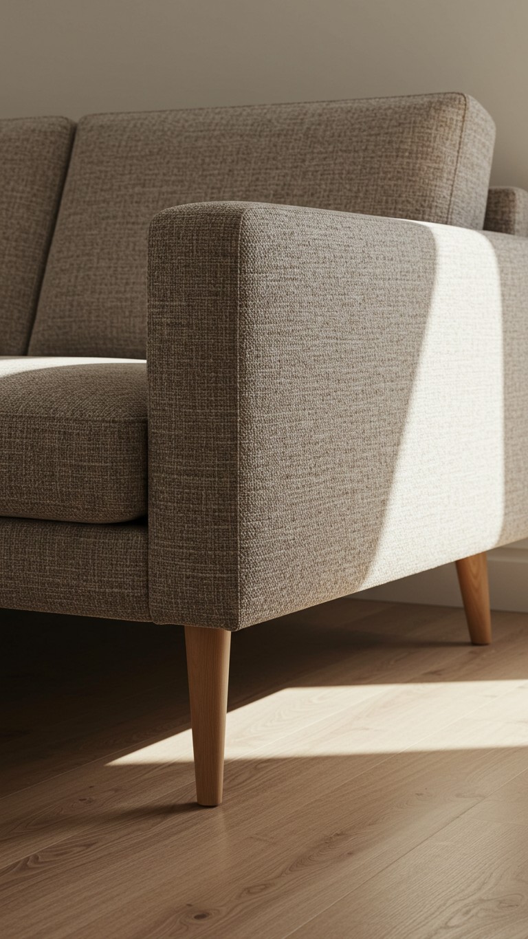 A close-up shot of a light-colored sofa with tapered wooden legs, demonstrating how raised furniture makes a sense of openness in a small room.