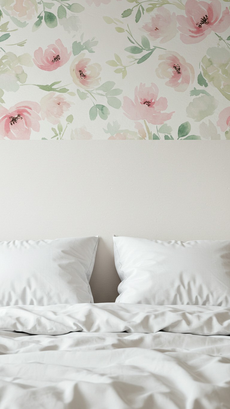 A white bed with a strip of pink watercolor floral peel and stick wallpaper applied above the pillows, serving as a creative and renter-friendly faux headboard.
