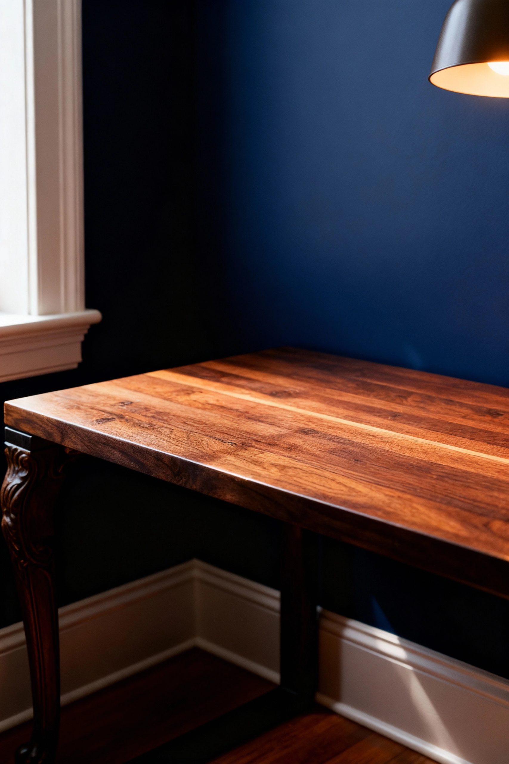 A detailed shot of an elegant, dark wood desk with ornate legs against a navy blue wall, showcasing essential furniture for a Dark Academia style.
