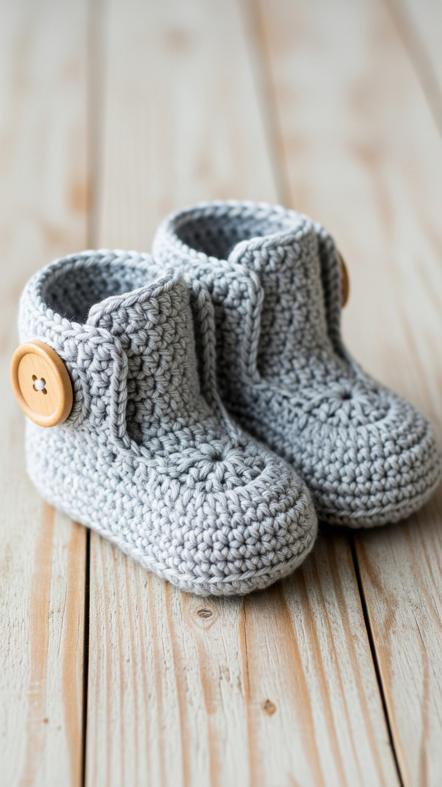 A pair of grey crochet baby booties with large wooden buttons, sitting on a light wood surface.