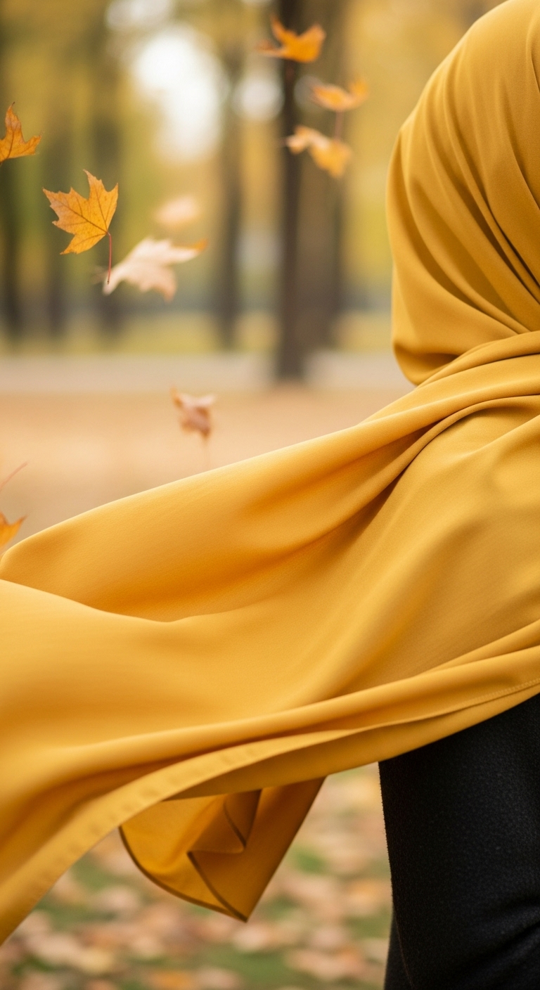 A close-up of a mustard yellow viscose hijab flowing gracefully in a gentle breeze, with blurred autumn leaves in the background.