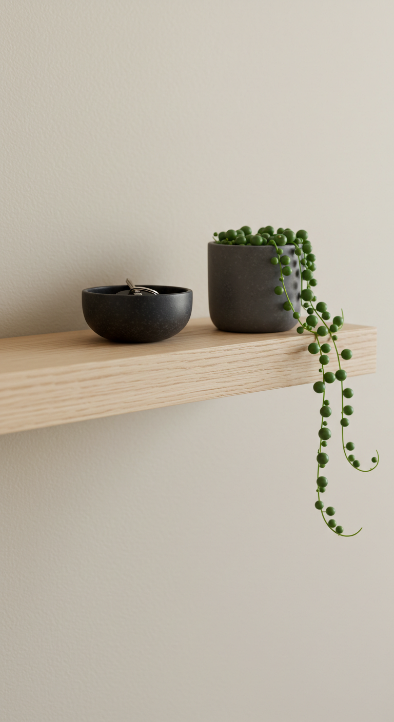 A close-up of a light wood floating shelf on a beige wall, holding a small black bowl with keys and a trailing string-of-pearls plant.