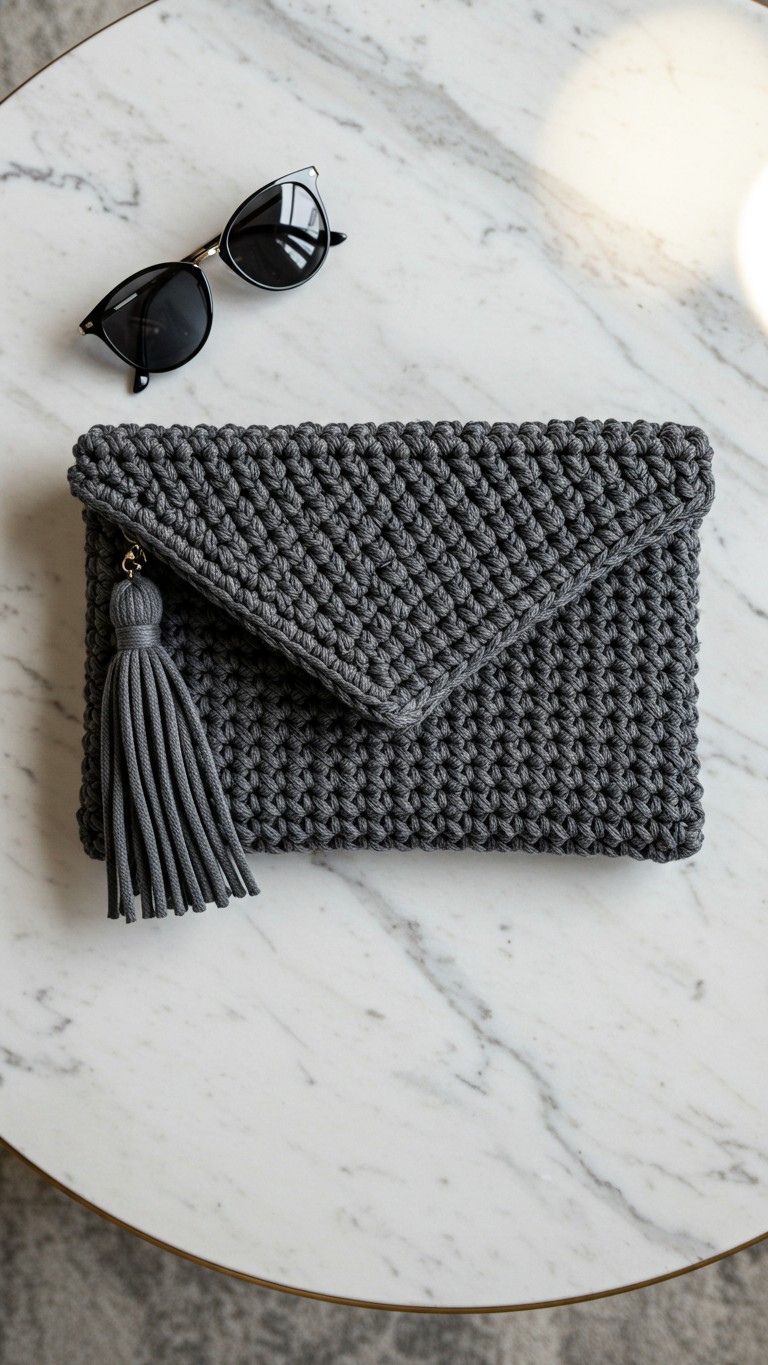 A dark gray, envelope-style crochet clutch with a large matching tassel, resting on a white marble table next to a pair of black sunglasses.