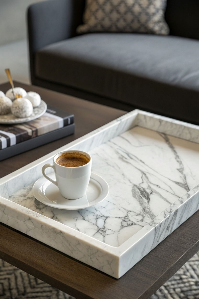 A white marble tray holding a cup of espresso, serving as an elegant anchor piece for coffee table decor.