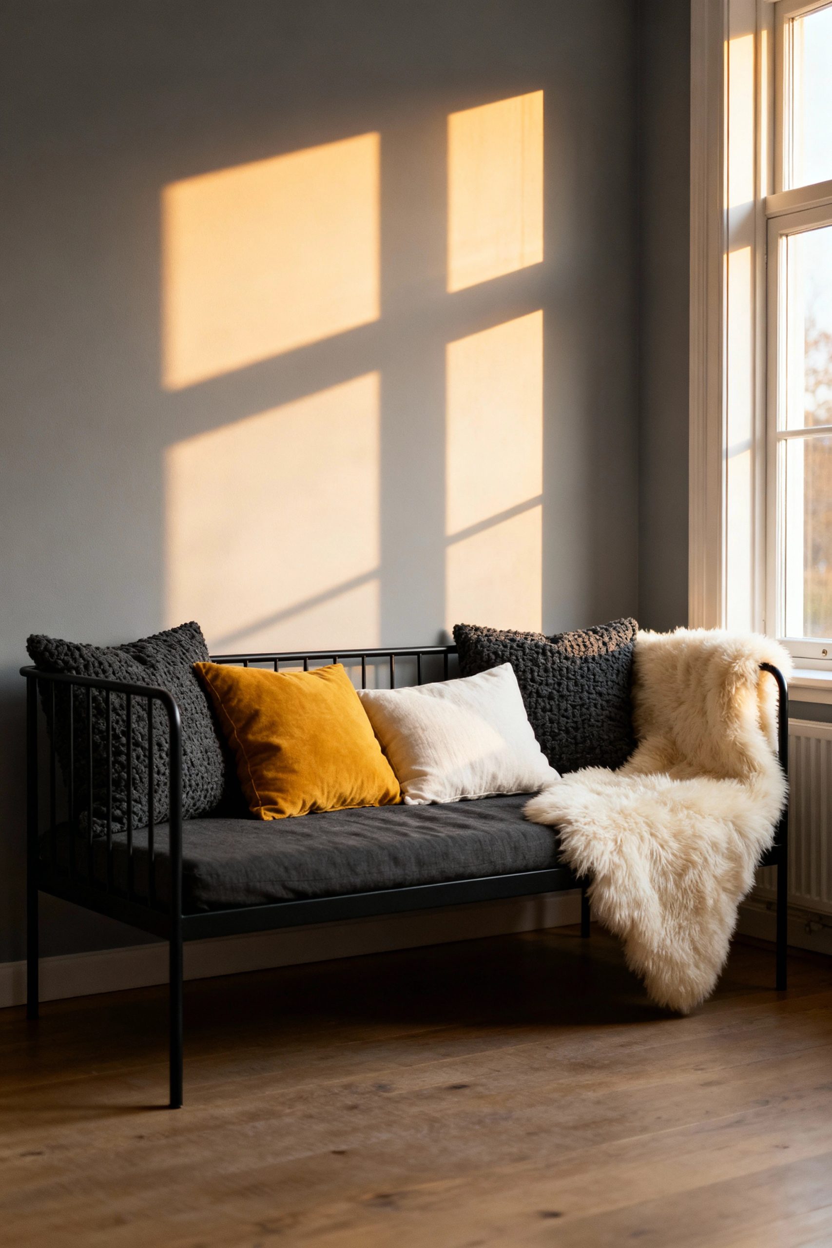 A black metal daybed used as a sofa, decorated with yellow and grey pillows and a cream sheepskin throw, with sunlight casting window shadows on the wall.