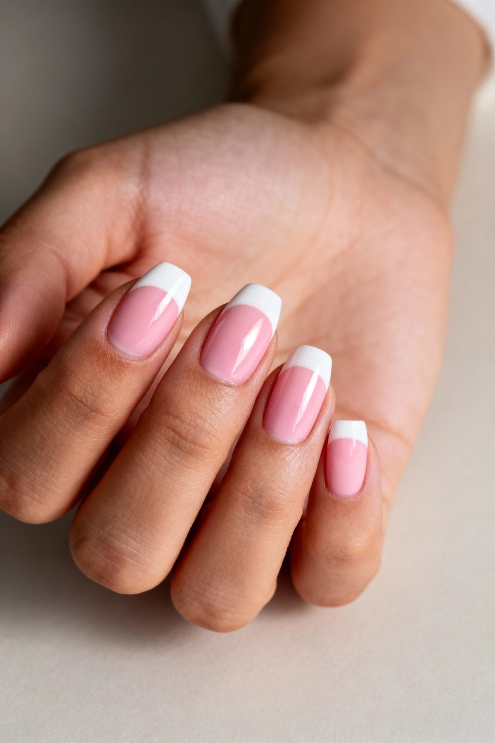 A hand showing a classic French manicure with a sheer pink base and clean white tips on short, squared nails.