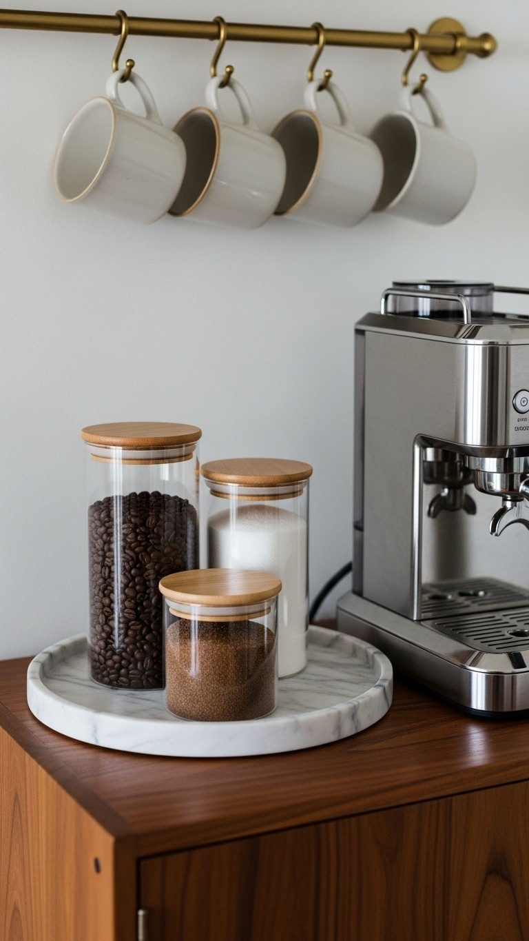 A stylish home coffee bar set on a wooden cabinet, showing an espresso machine, glass canisters on a marble tray, and mugs hanging from a brass rail.