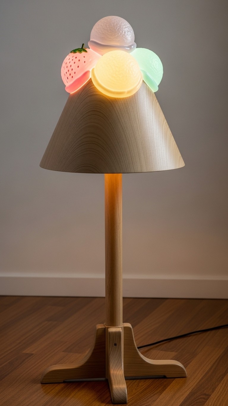 A floor lamp with a light wood base and glowing scoops of ice cream and a strawberry on top, standing on a wooden floor.