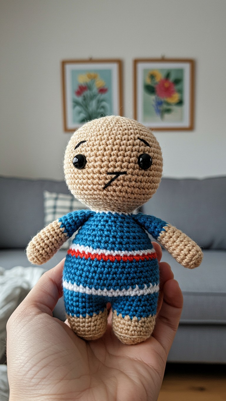 A person holding a small, crocheted amigurumi doll with a blue and red striped outfit in their hand.