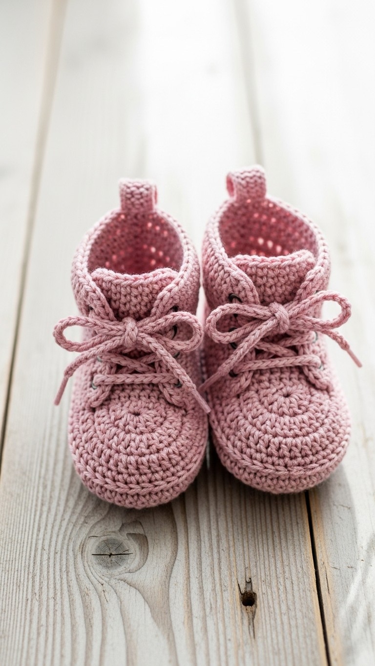 A front view of a pair of dusty pink crocheted baby sneakers with white laces tied in a bow, displayed on a weathered white wood surface.