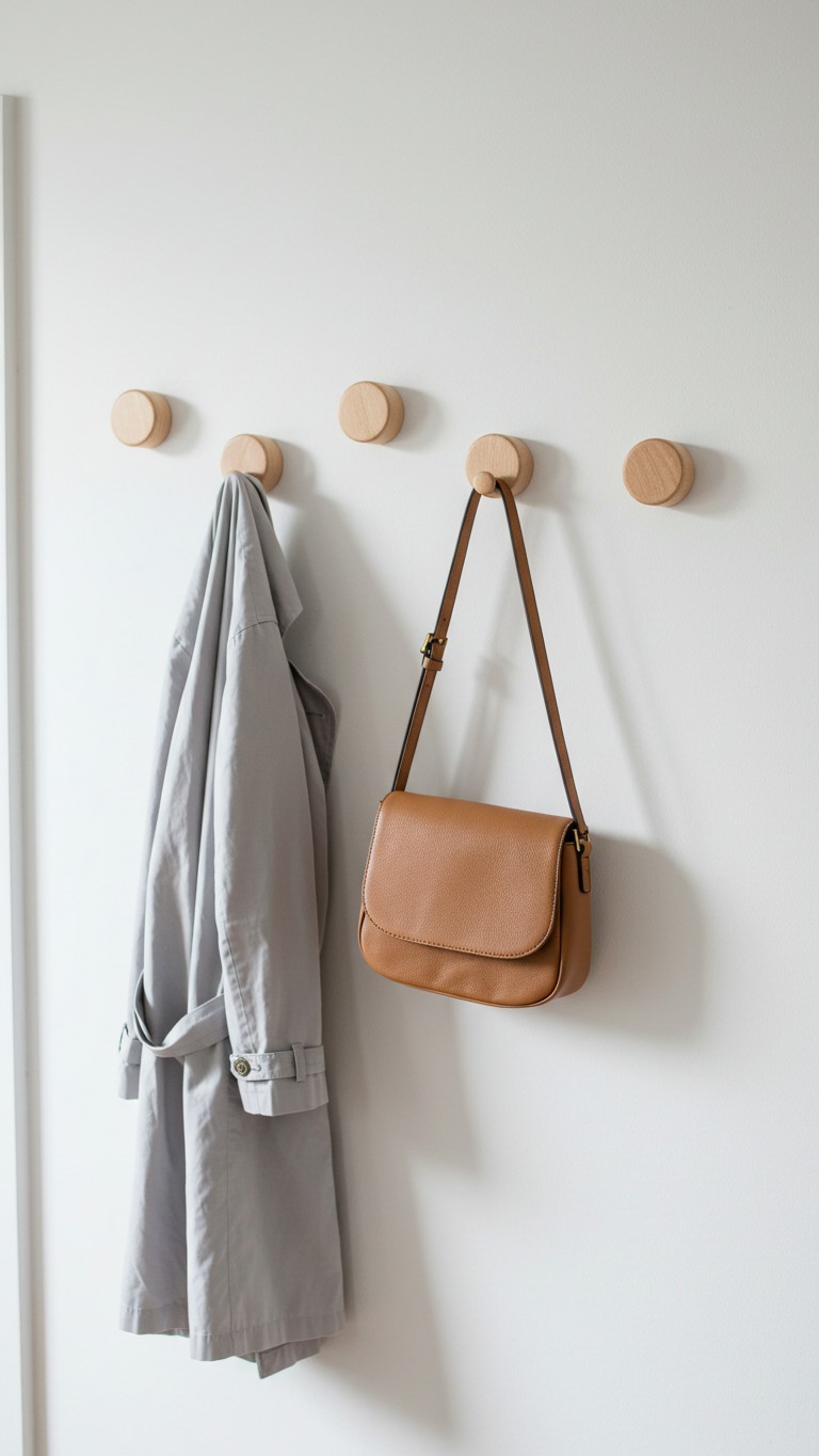 A row of five round wooden hooks on a white wall, with a gray coat and a brown leather bag hanging neatly.