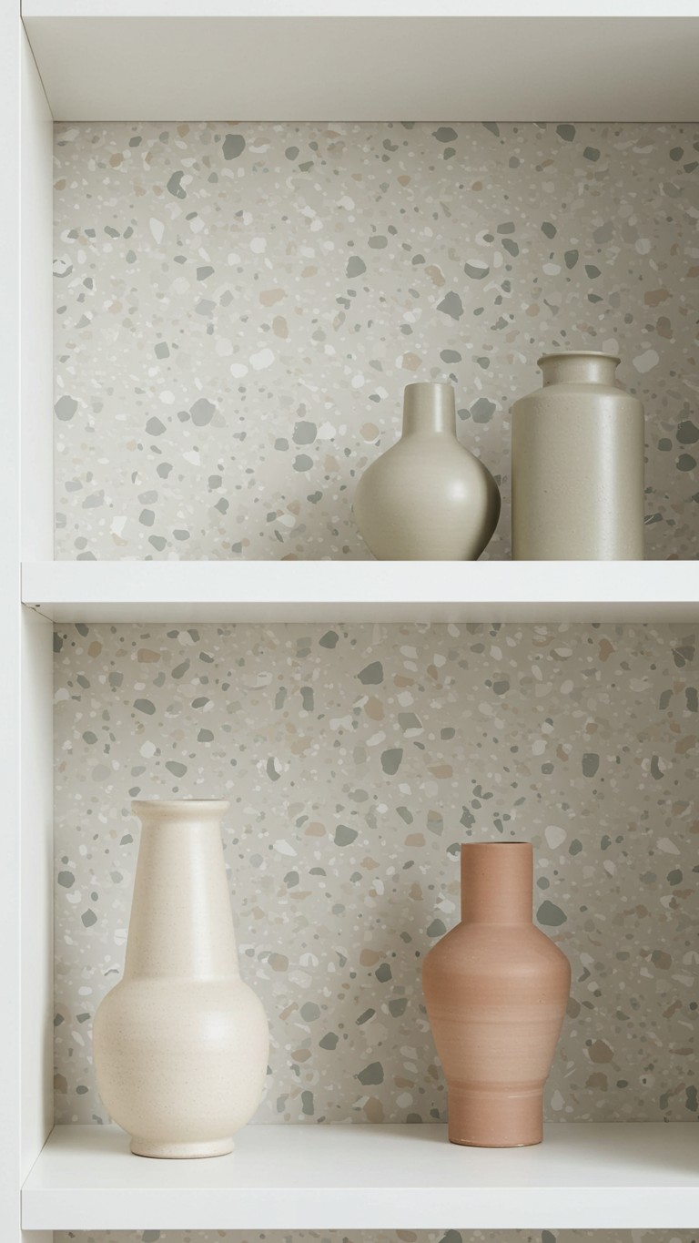 White bookshelf shelves with their back panels lined with neutral terrazzo pattern peel and stick wallpaper, showcasing minimalist ceramic vases.