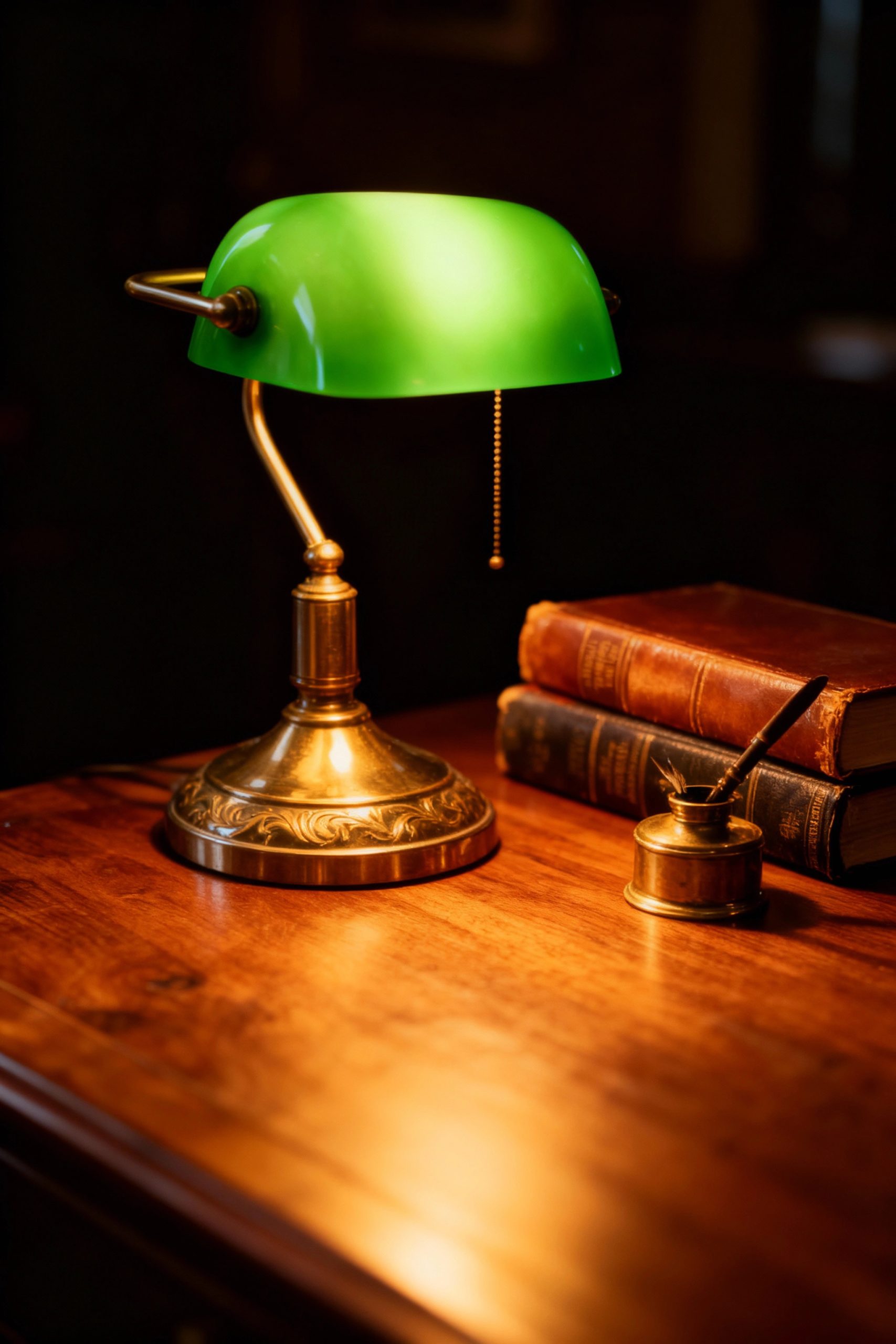 A close-up of a classic green banker's lamp casting a warm glow on a dark wood desk with antique books, a perfect example of Dark Academia lighting.