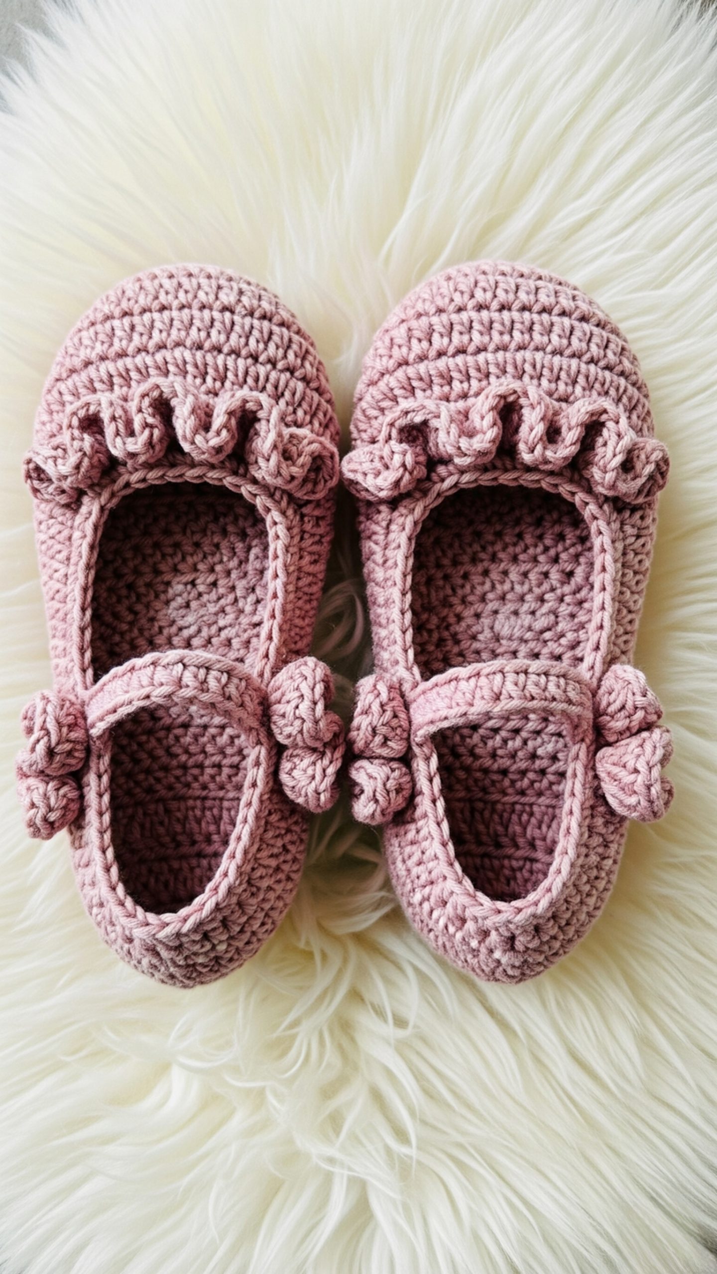 Overhead view of a pair of dusty pink crochet Mary Jane baby shoes with ruffles and bows, on a white fluffy fur rug.