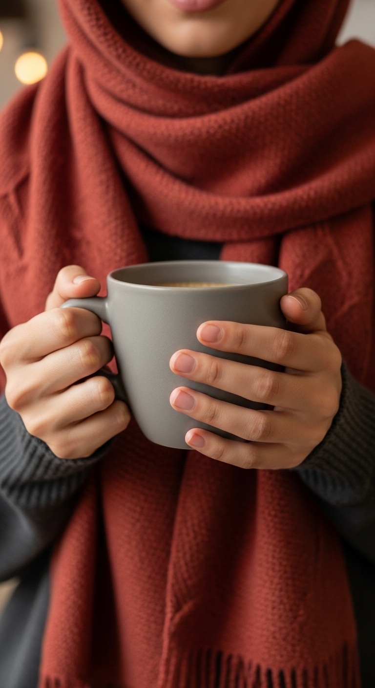 A close-up of a woman's hands holding a warm grey mug, wearing a cozy, textured terracotta red hijab wrapped around her neck