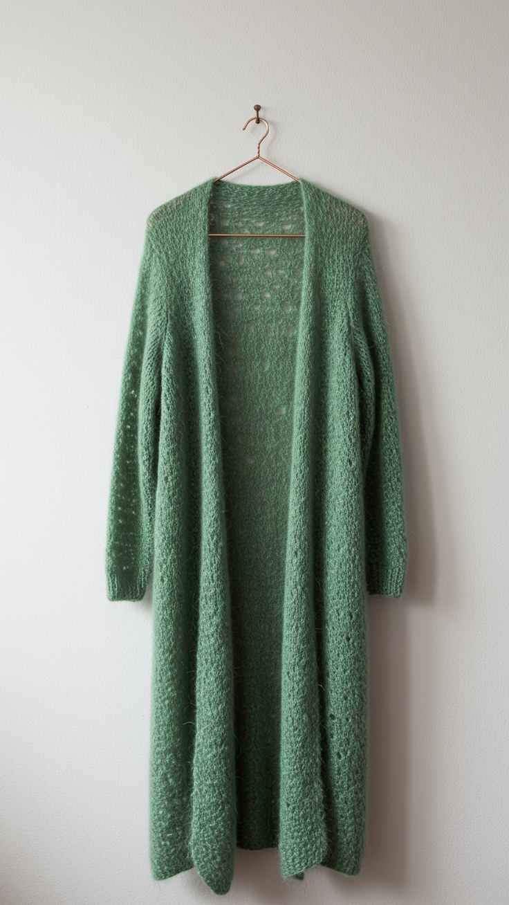 A long, lightweight duster cardigan in a beautiful sage green. The fuzzy, mohair-like texture is visible as it hangs from a hanger against a white wall.