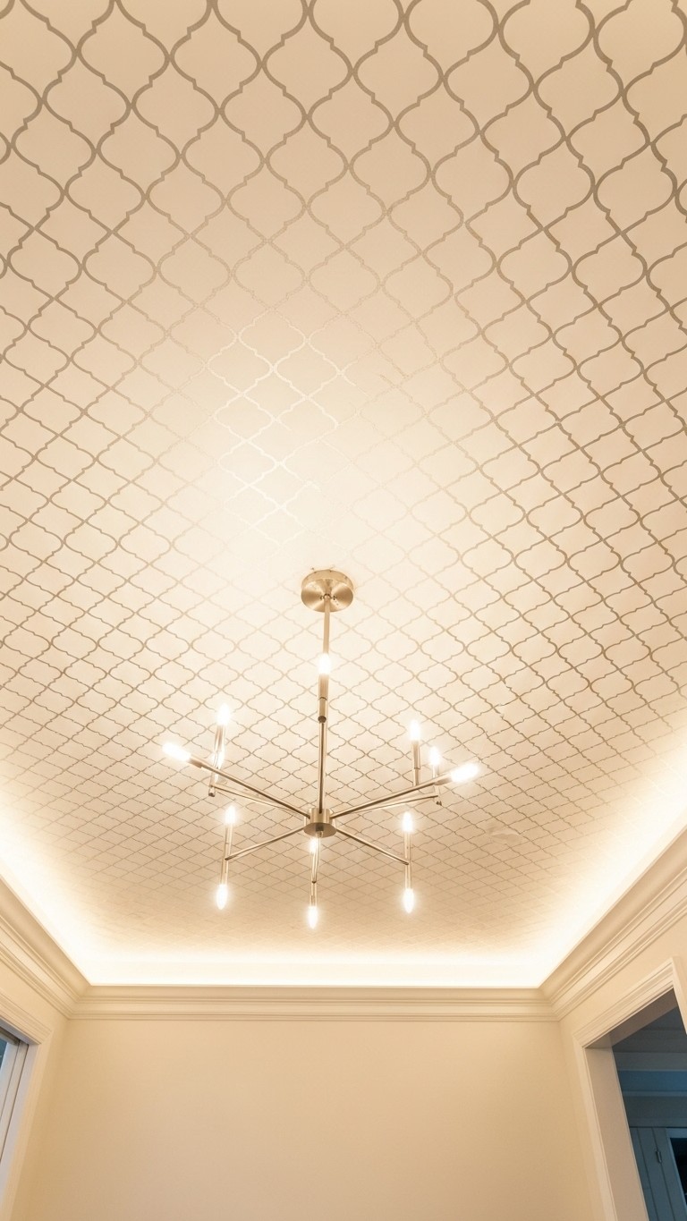 A beautiful dining room ceiling decorated with a subtle silver quatrefoil pattern peel and stick wallpaper, with a modern chandelier in the center.