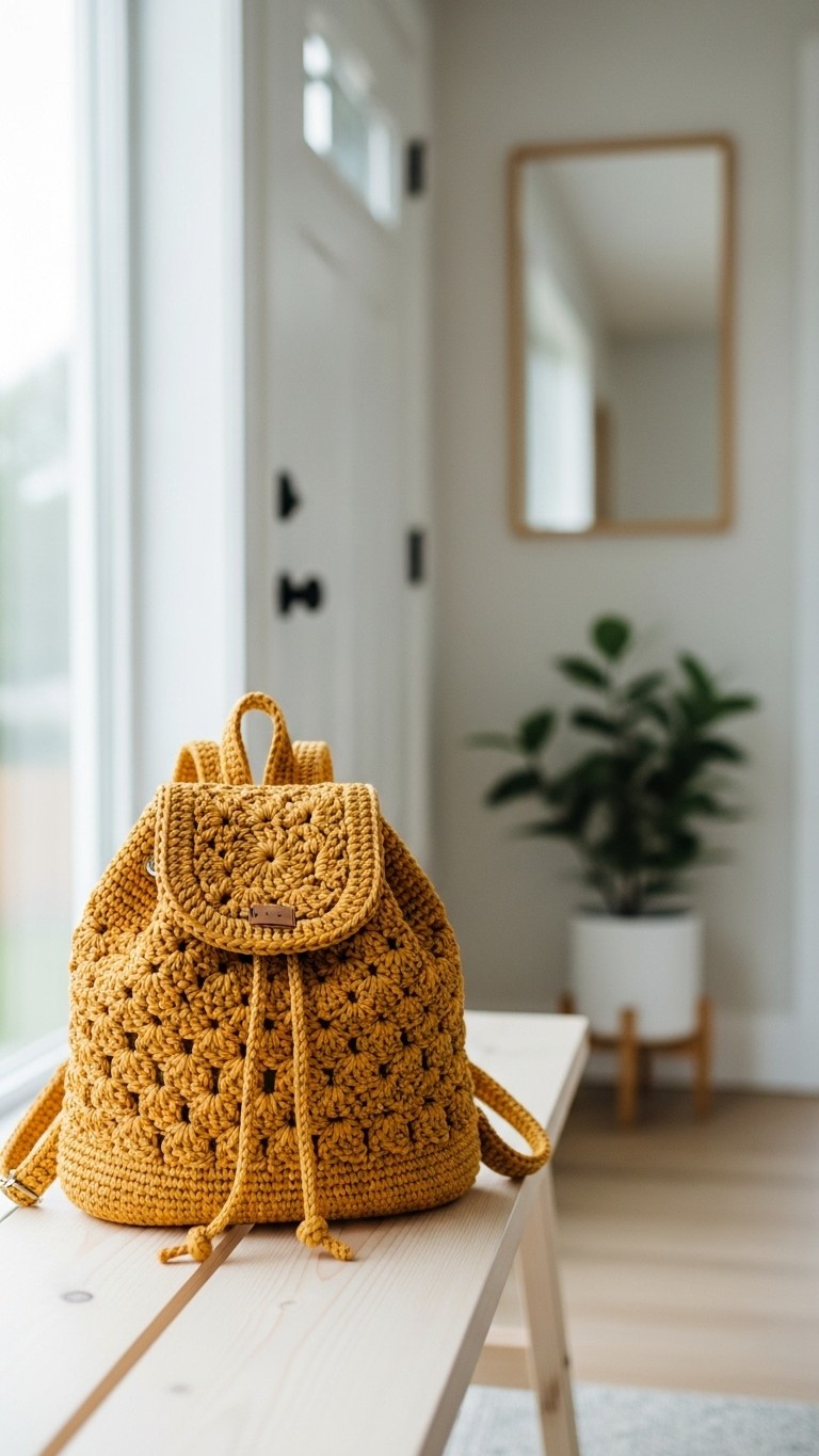 A mustard-yellow crocheted backpack with a lacy floral pattern and drawstring closure, sitting on a light wood bench in a bright, modern entryway.