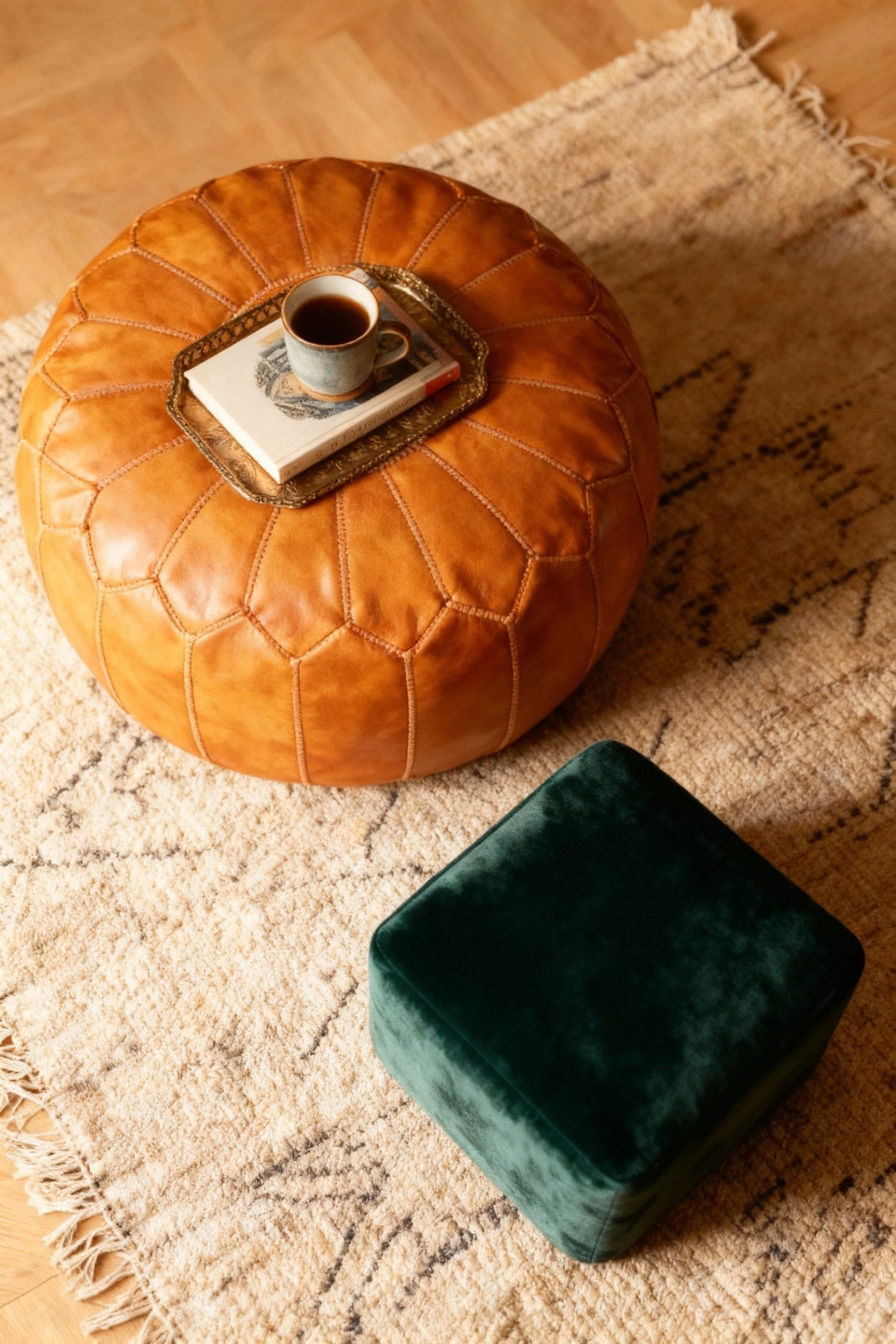 A round tan leather pouf and a square green velvet ottoman sit on a textured berber rug, offering a flexible seating idea for a small living room.