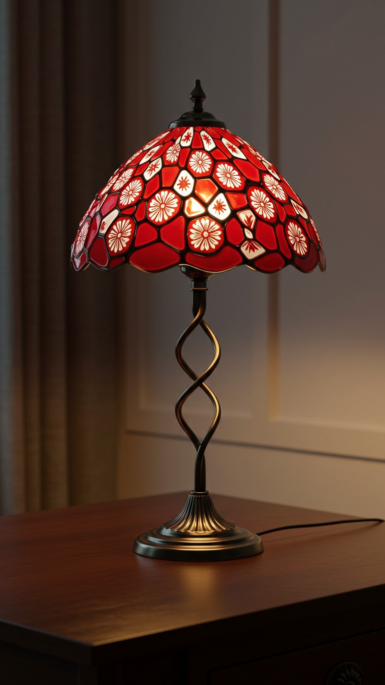 An ornate Tiffany-style lamp with a red and white floral patterned stained-glass shade and a twisted bronze base, glowing warmly on a dark wood table.