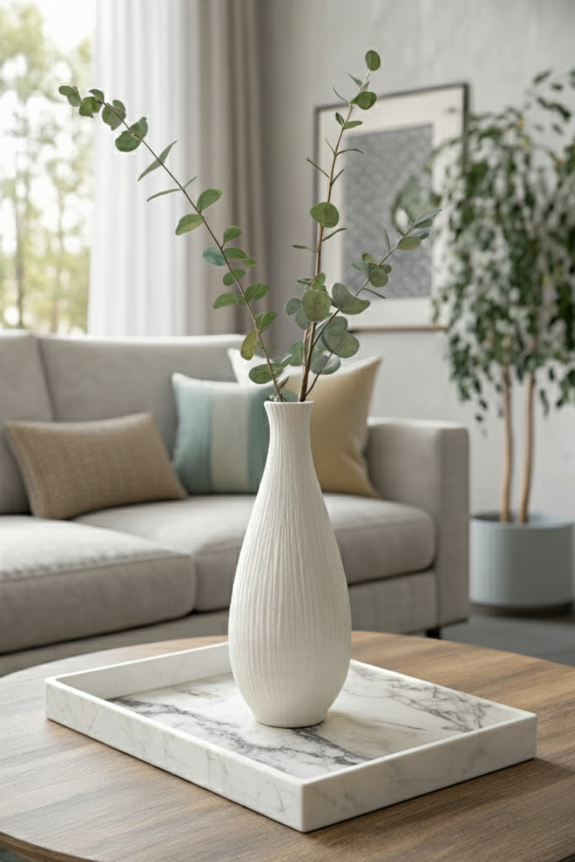 A tall, textured white vase with eucalyptus stems sitting in a marble tray, adding height to the coffee table arrangement.