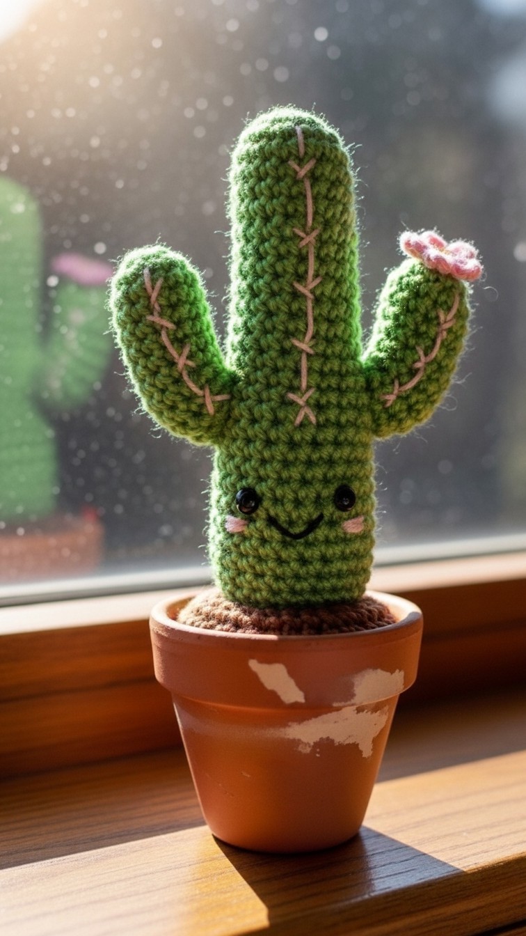 A smiling green crocheted cactus with a pink flower in a small terracotta pot, sitting on a wooden windowsill.