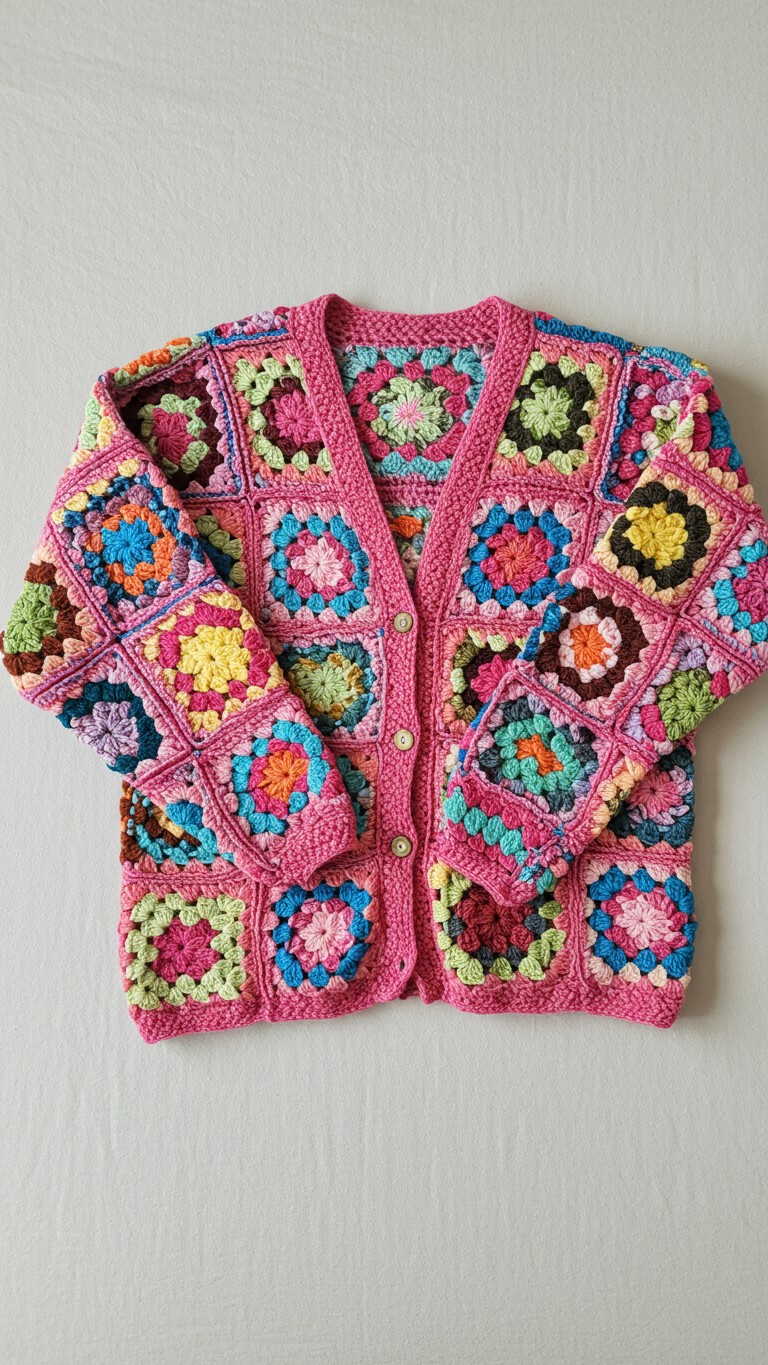 A vibrant crochet cardigan made from multi-colored granny squares with pink borders and edging. The cardigan is laid flat on a light-colored surface.