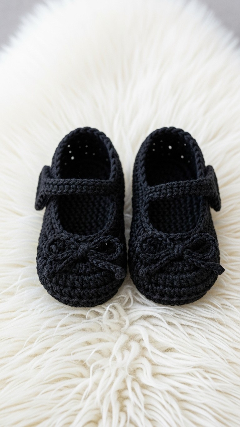 A pair of black crocheted Mary Jane style baby shoes, each with a small bow on the toe, sitting on a fluffy white sheepskin rug.