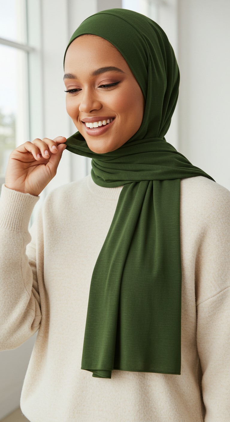 A cheerful woman smiling as she adjusts her soft, olive green jersey hijab, showcasing its comfortable stretch and perfect fit.