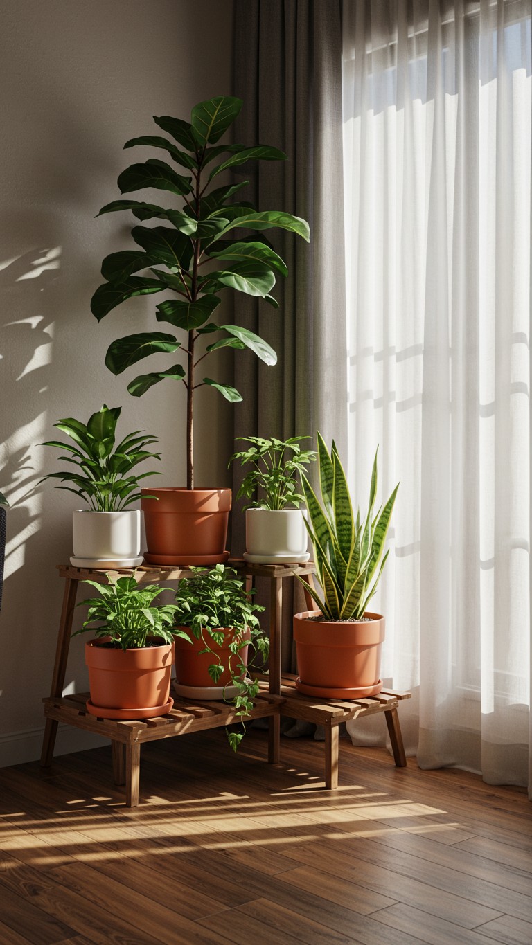 A sunlit corner of a room filled with various houseplants on a tiered wooden plant stand next to a large window with sheer curtains.