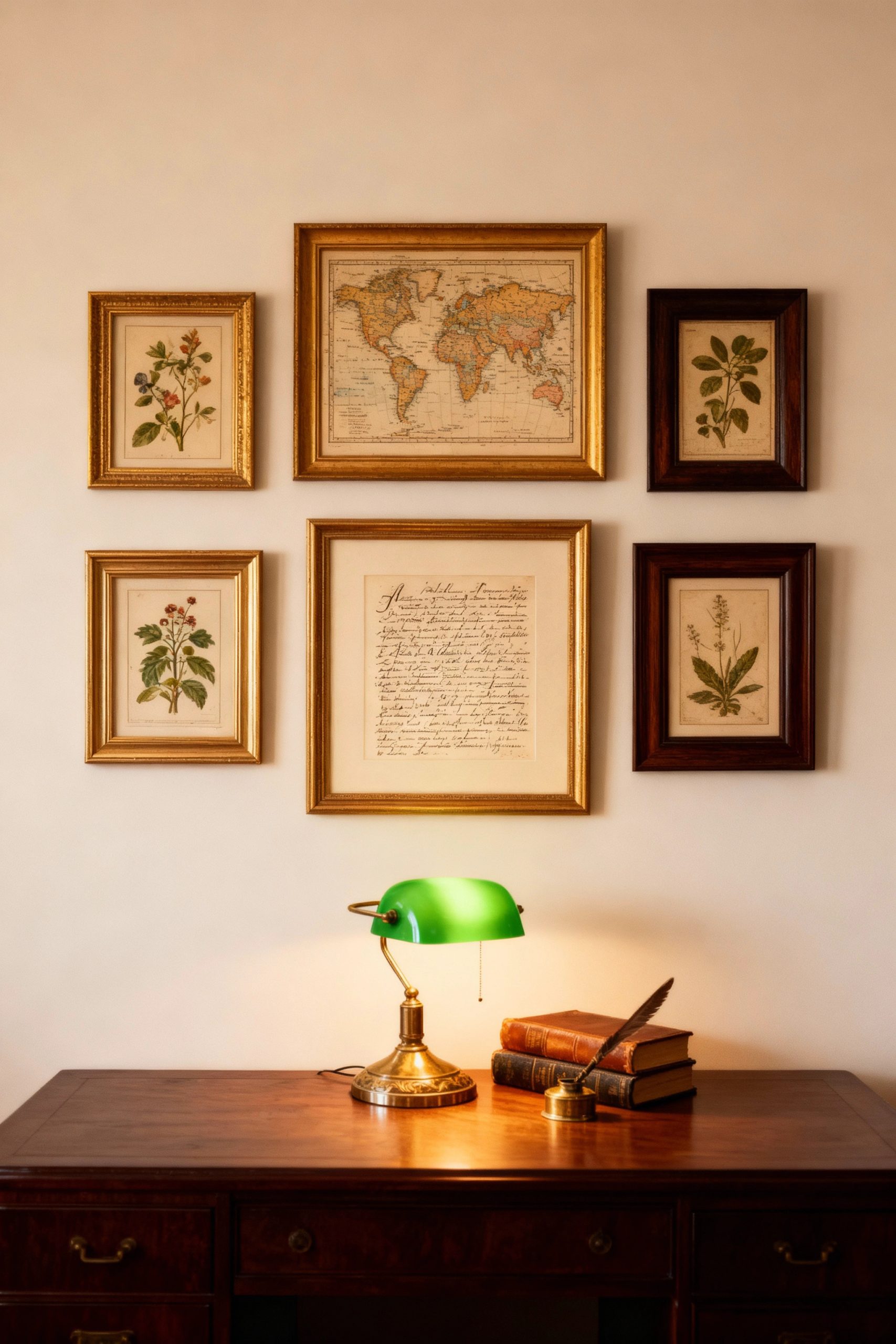 A beautifully arranged gallery wall with vintage botanical prints and an old map above a classic desk, embodying the Dark Academia aesthetic.