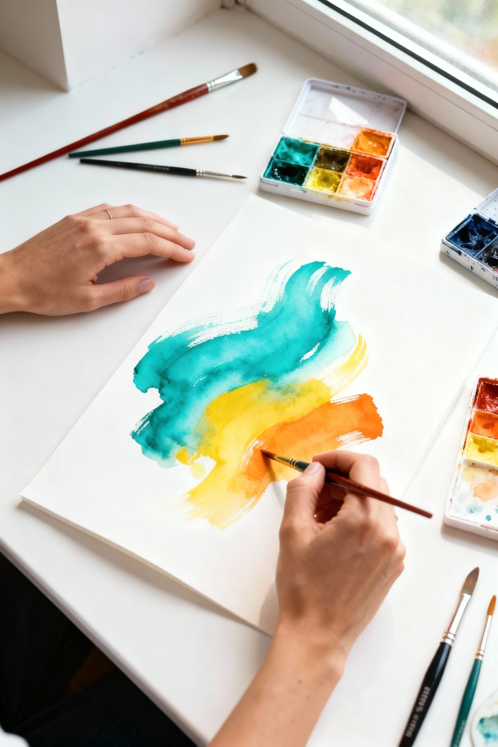 Overhead view of a person's hands painting abstract swatches of teal, yellow, and orange watercolor onto white paper for a relaxing art session at home.