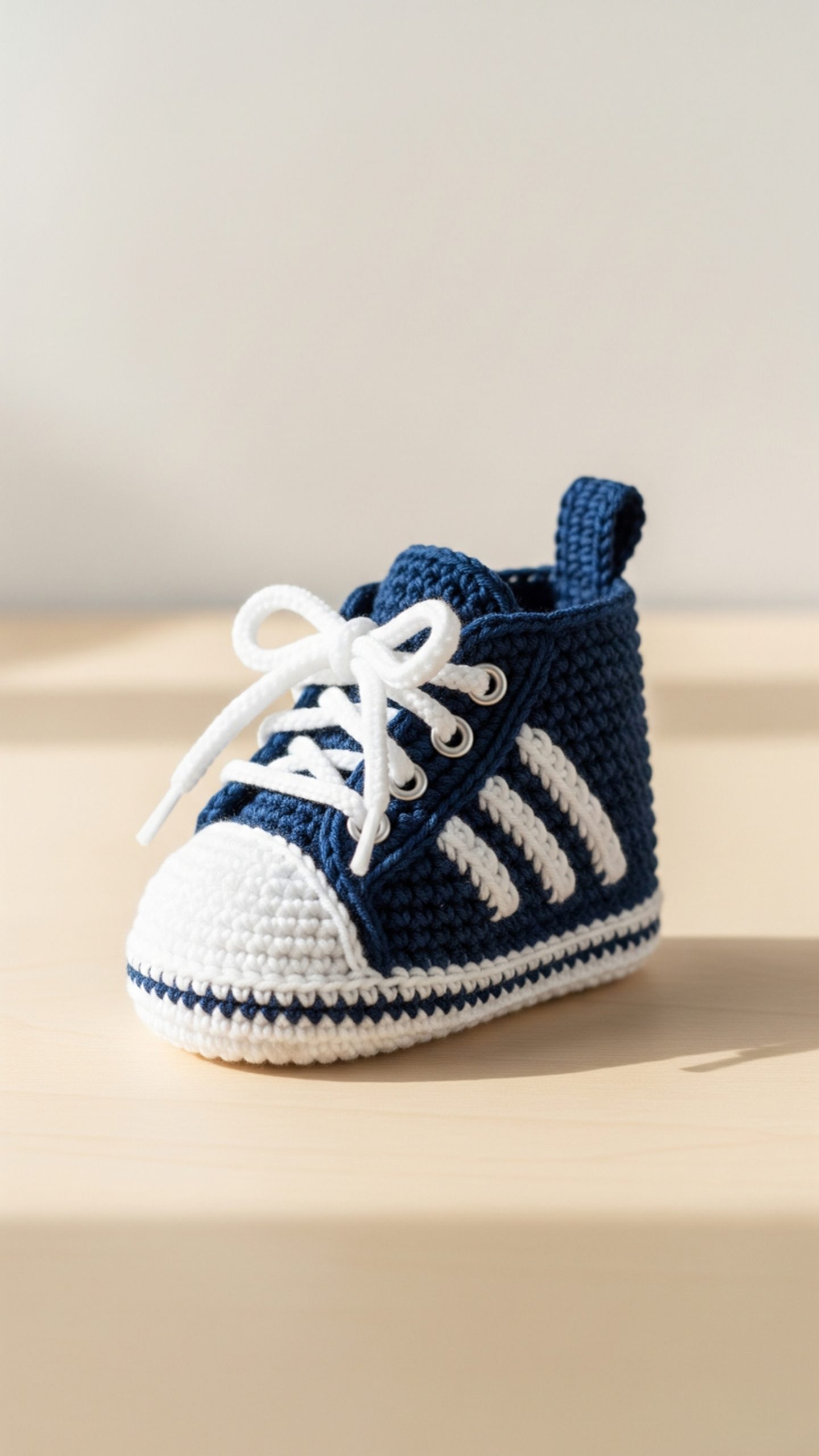 A single navy blue and white crochet baby sneaker with three stripes and white laces, sitting on a wooden table.