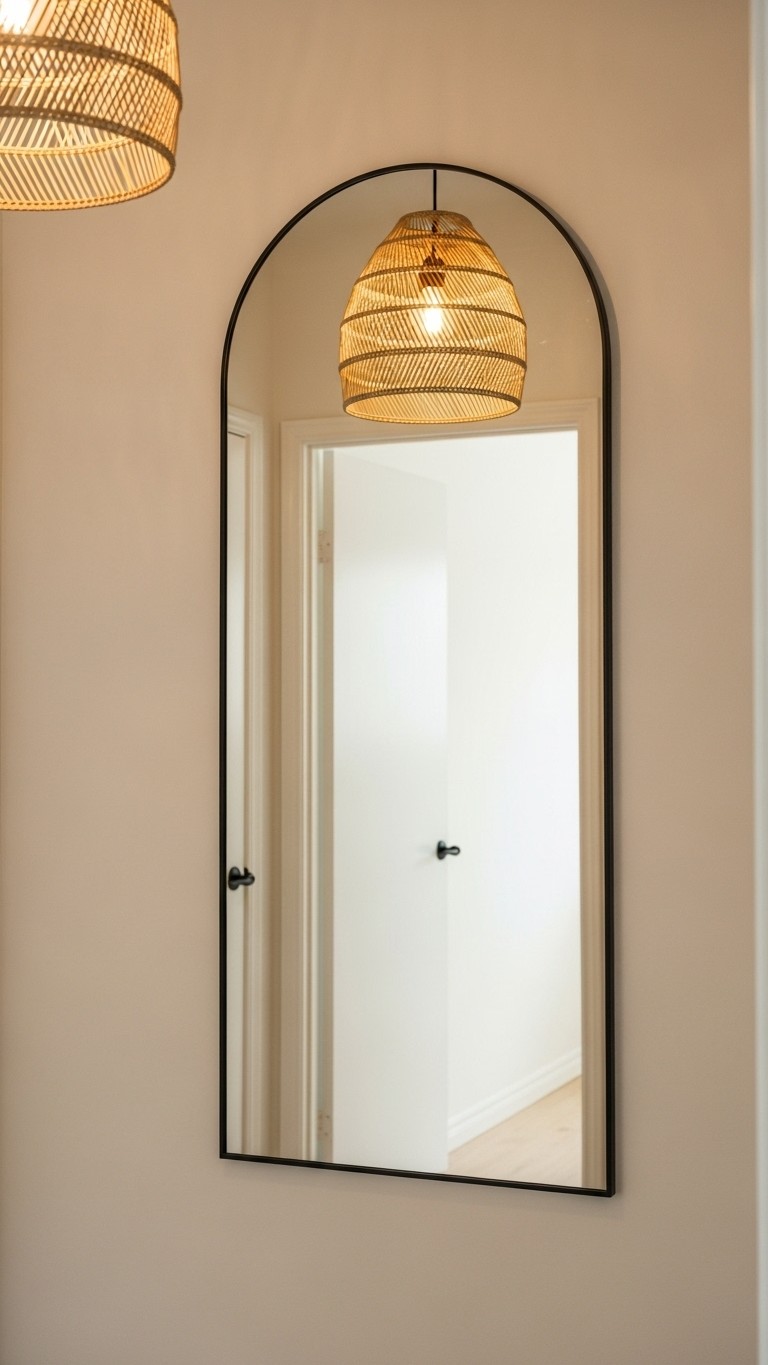 A large, black-framed arched mirror on a hallway wall, reflecting light and making the narrow space appear wider.