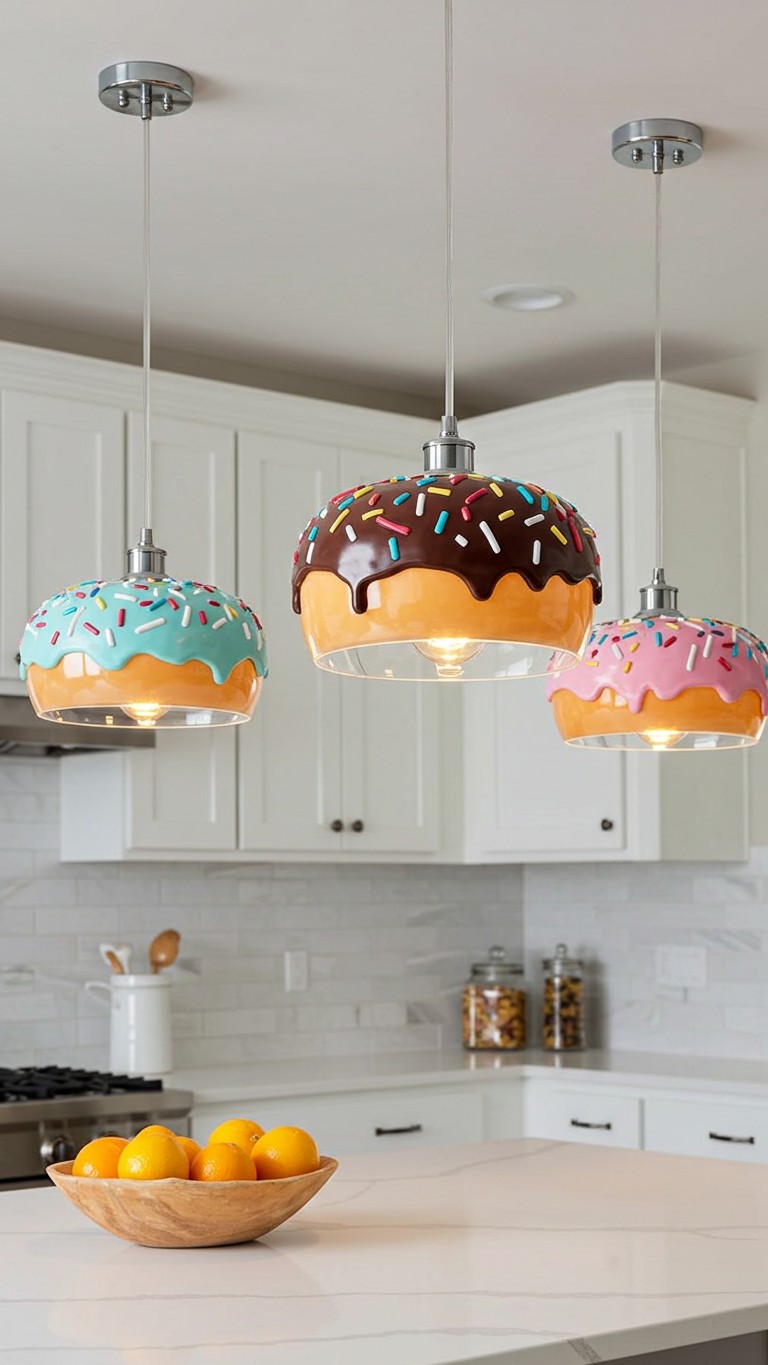Three donut-shaped pendant lights with pink, blue, and chocolate frosting with sprinkles, hanging over a white marble kitchen island.
