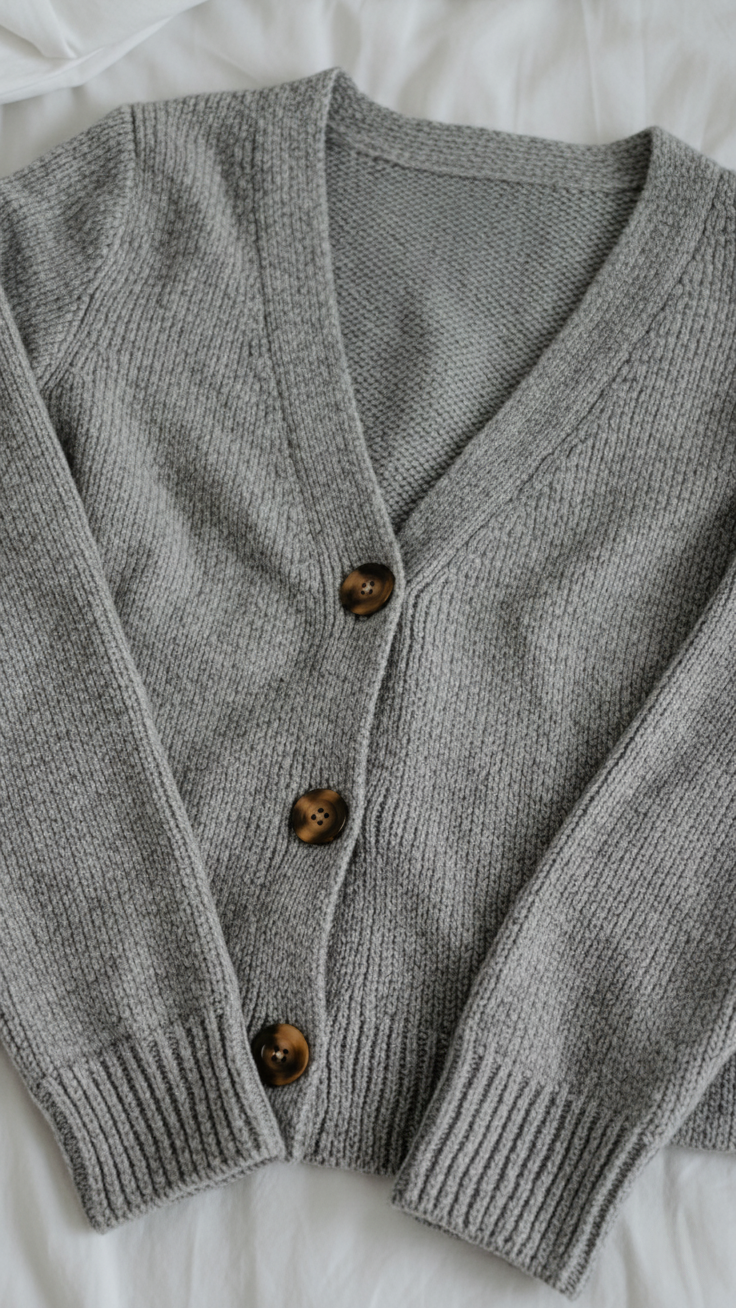 A close-up of a classic, finely knit heather grey V-neck cardigan. Detail of the ribbed trim, V-neckline, and brown buttons is visible.
