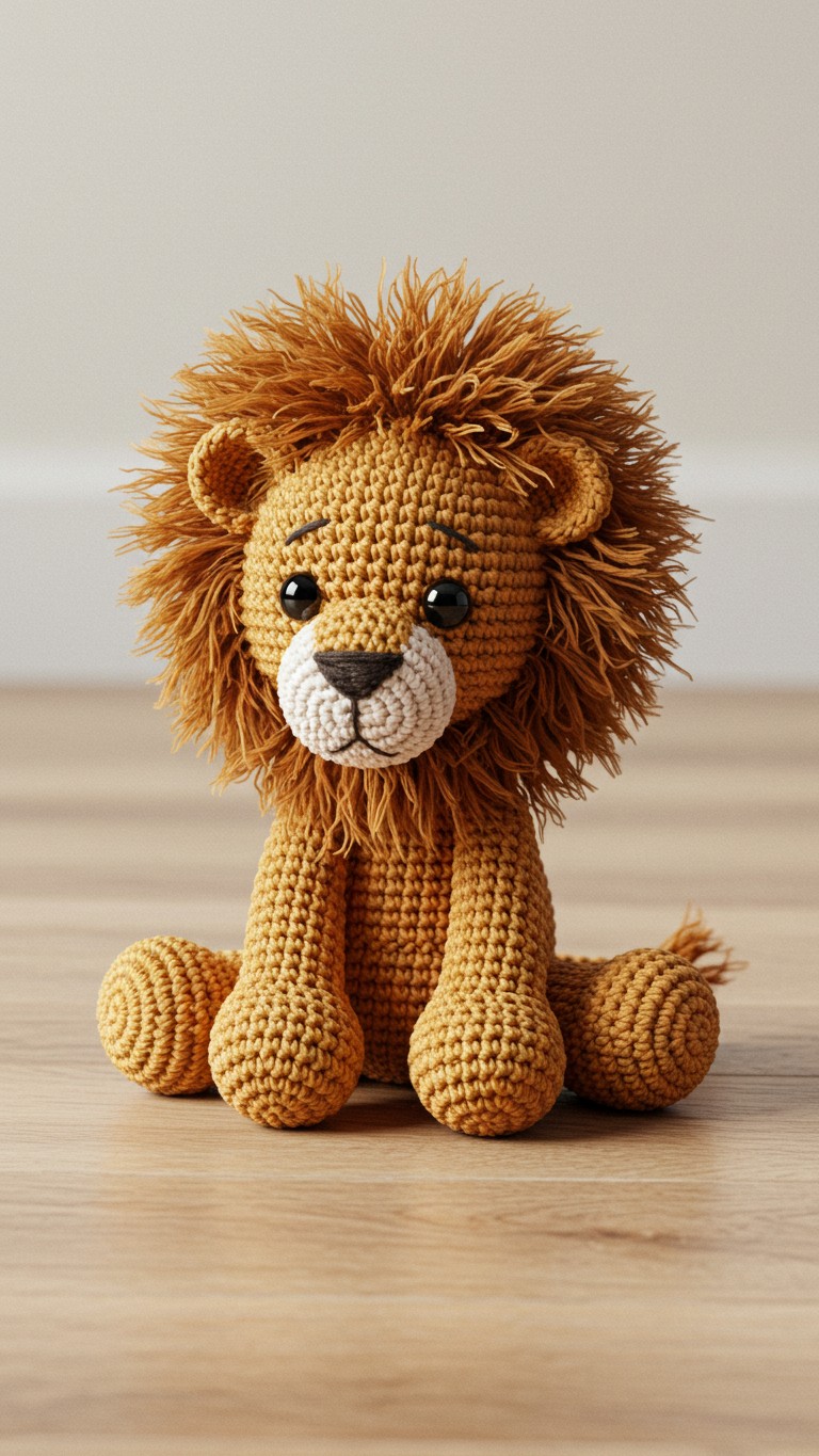 A sitting crocheted amigurumi lion with large plastic eyes and a full, fluffy brown yarn mane on a wooden floor.