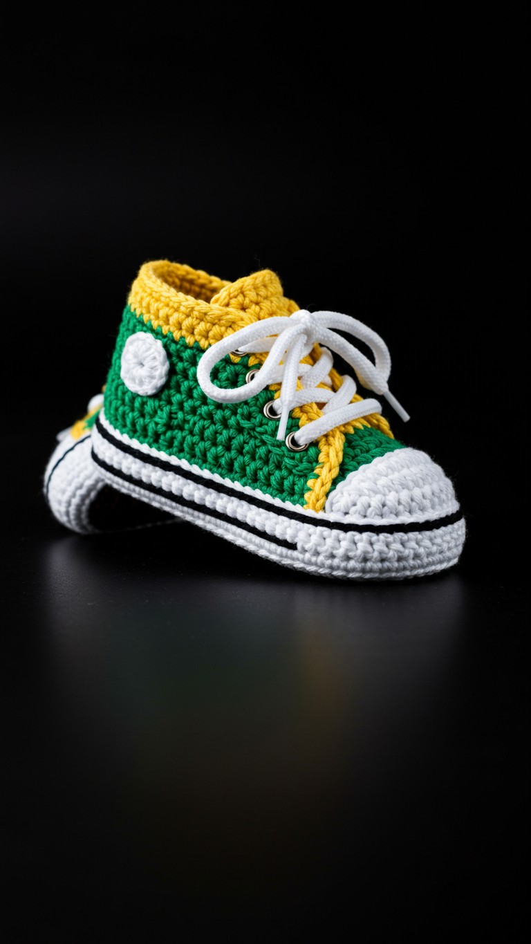 A side view of a colorful crocheted baby sneaker in green, yellow, and white, with white laces, set against a solid black background.