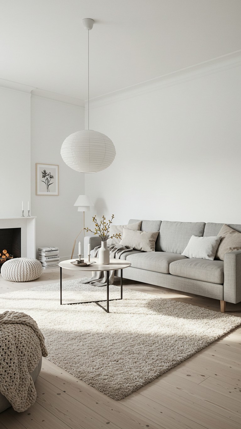 A bright, spacious living room decorated in a light and neutral color palette of whites and greys to maximize the feeling of space.