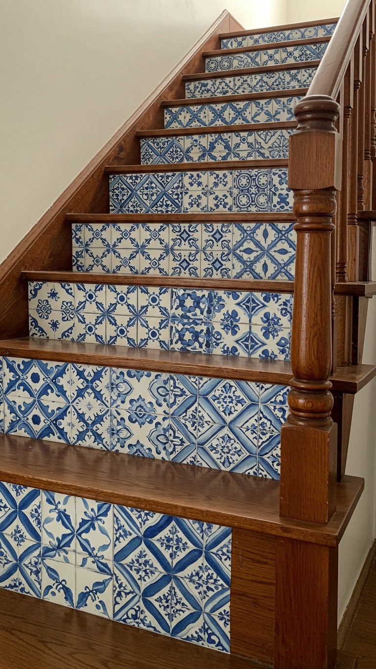 A wooden staircase transformed with each stair riser decorated with a unique blue and white Portuguese tile (azulejo) style peel and stick wallpaper.