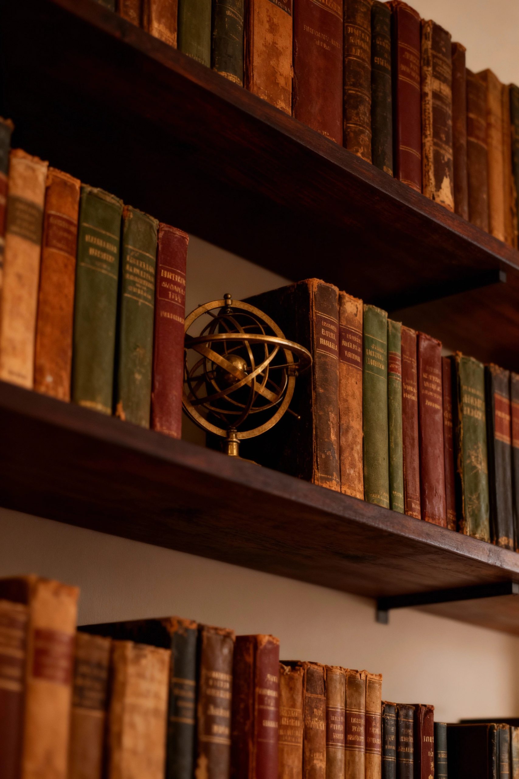 Dark wood shelves filled with aged, leather-bound books and a small brass armillary sphere, the heart of any Dark Academia-themed space.