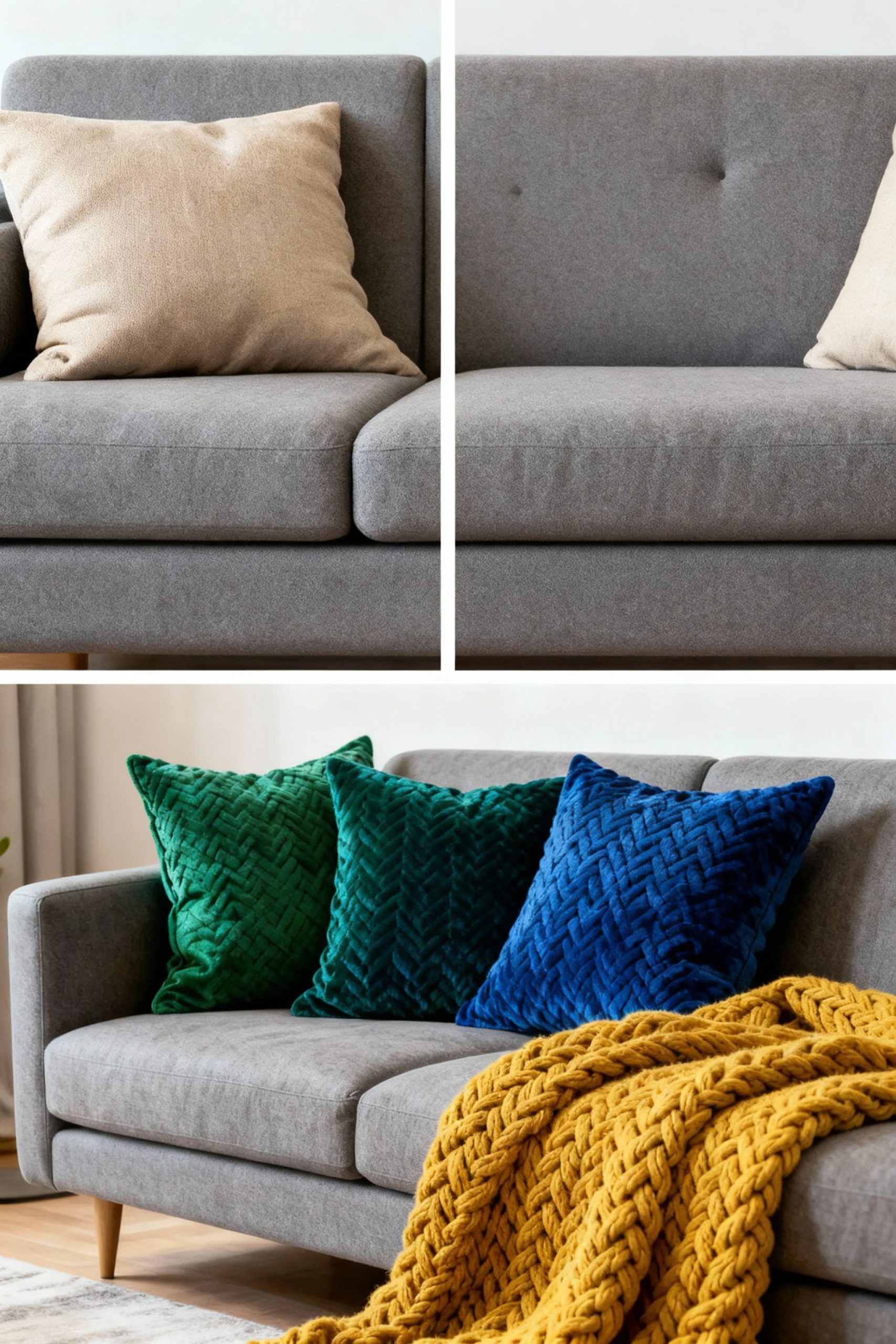 A before-and-after comparison showing a gray sofa, first with plain beige pillows, and then refreshed with vibrant jewel-toned pillows and a mustard yellow throw blanket.