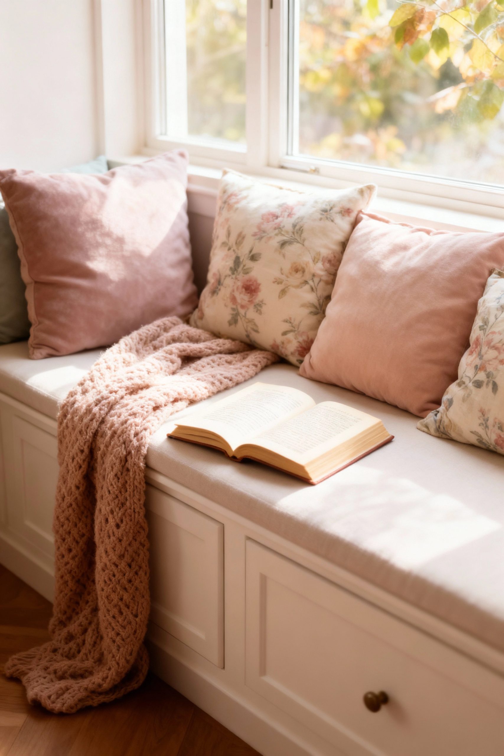 A sunlit, cozy window nook with a built-in bench, soft pink and floral cushions, a knit blanket, and an open book.