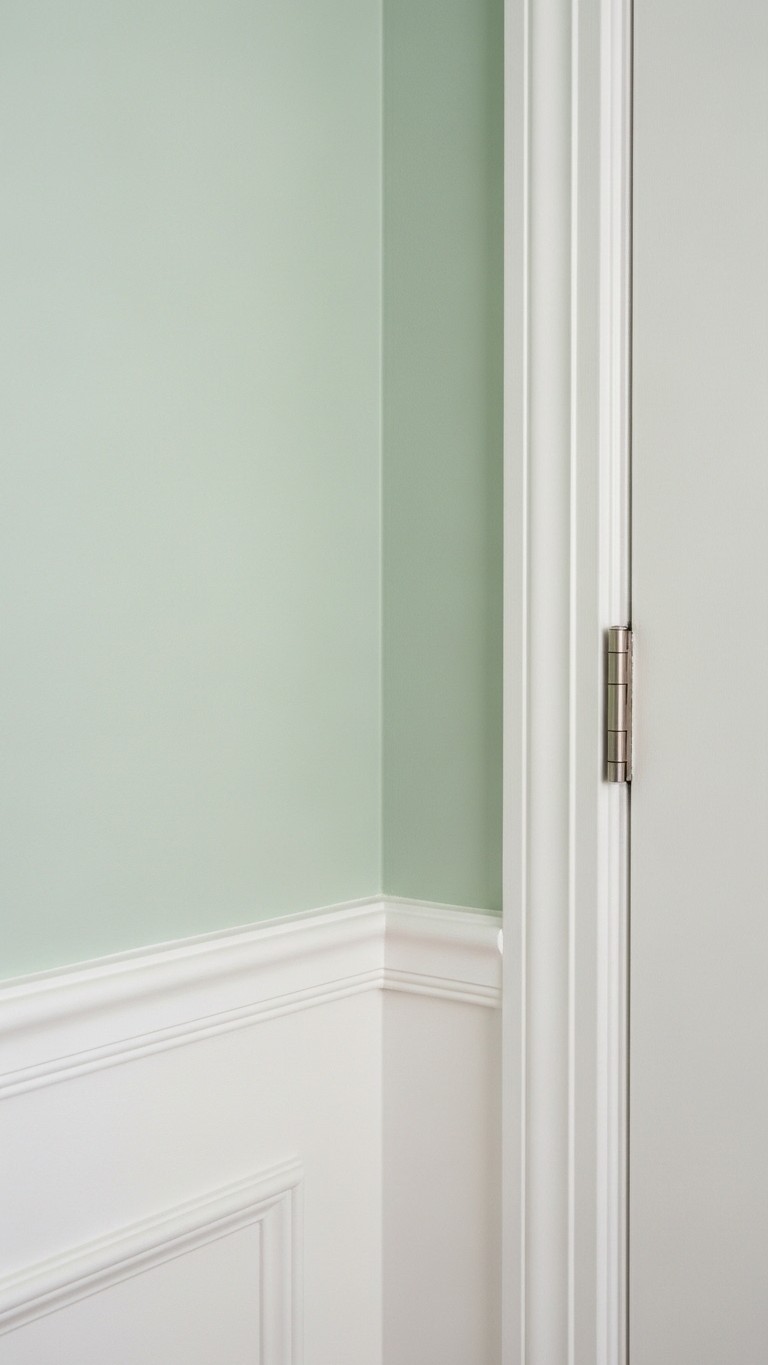 A detail shot of an entryway corner showing a soft green wall color next to clean, white door trim and wainscoting.