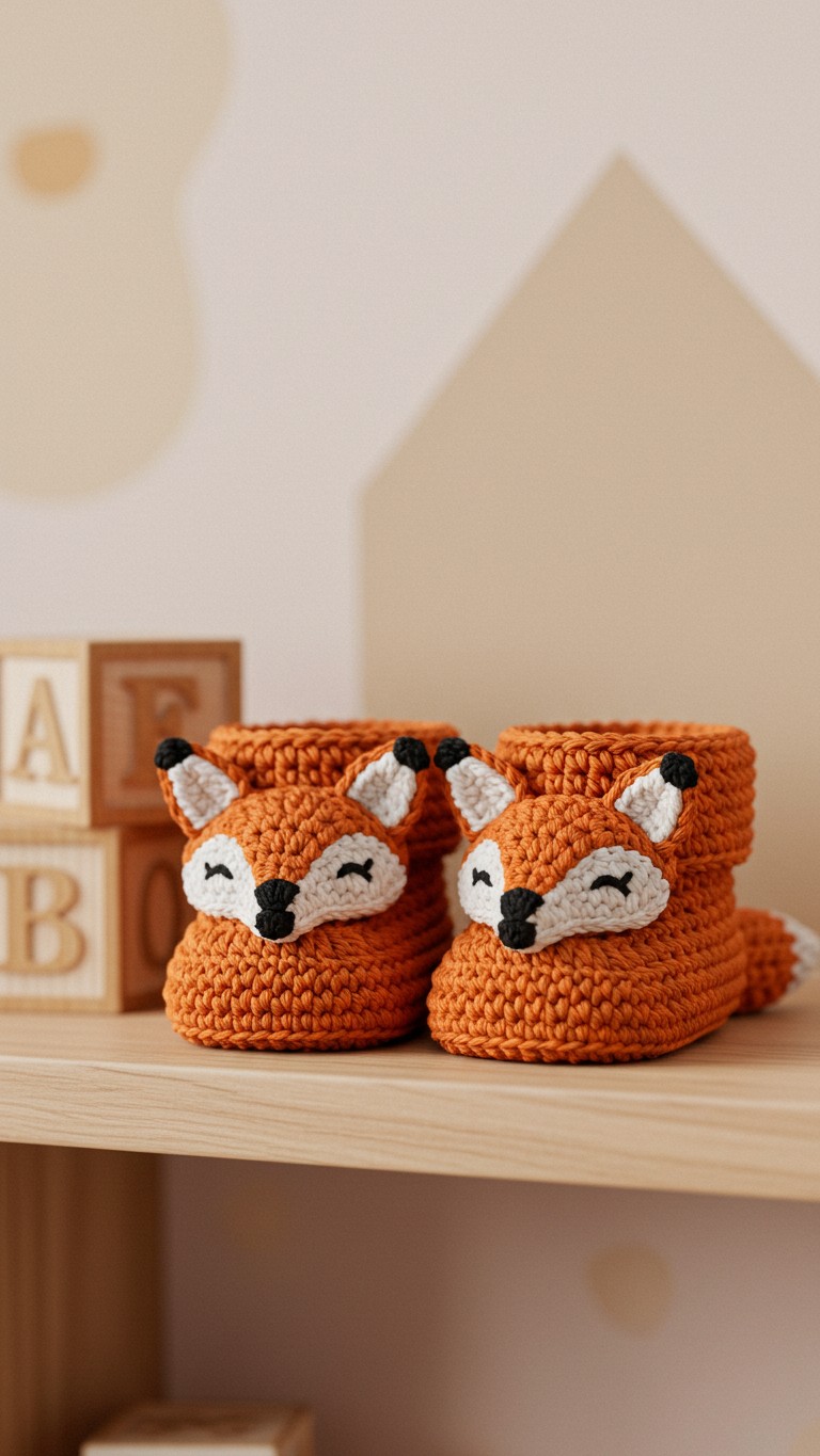 A pair of orange crochet baby booties designed to look like cute sleeping foxes, placed on a wooden shelf in a nursery.