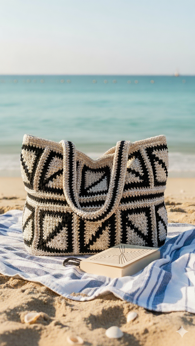 A large black and cream crocheted tote bag with a bold geometric pattern, placed on a striped towel on a sandy beach with the blue ocean in the background.