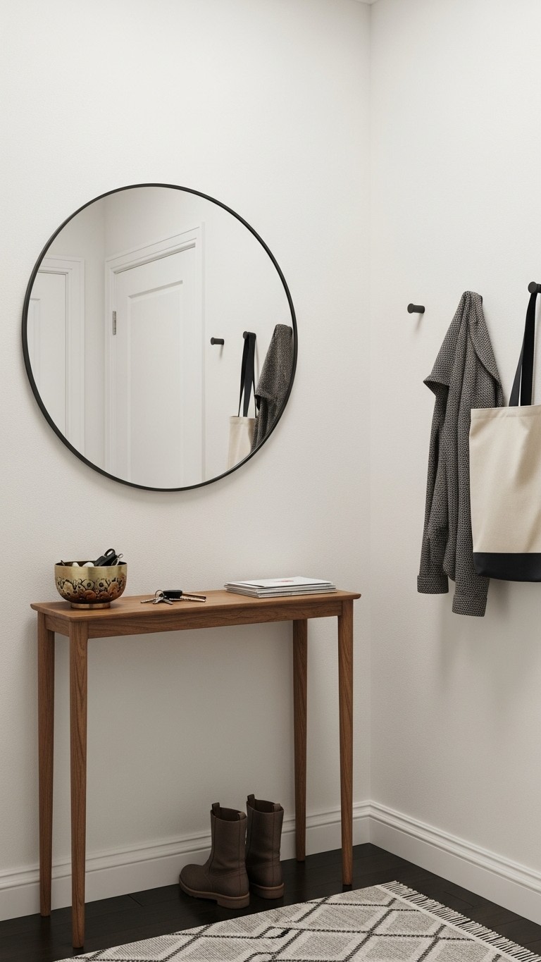 A minimalist entryway corner with a slim wooden console table, a large round black mirror on the wall, and modern hooks for coats and bags.