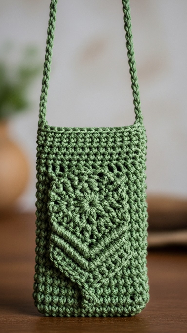 A close-up of a small, sage green crocheted phone pouch with a braided strap, featuring a raised, textured leaf-like pattern on the front.